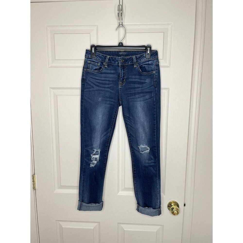 Justusa Womens Skinny Low Rise Stretch Jeans Size 7 Med Wash Distressed